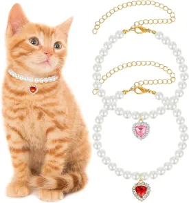 2pcs Pearl Collar for Cats,Adjustable Pearl Cat Collar, Cute Heart-shaped Dog Necklaces for Small Dogs, for Pet Cats and Dog Decorations on Weddings, Parties and Other Occasions