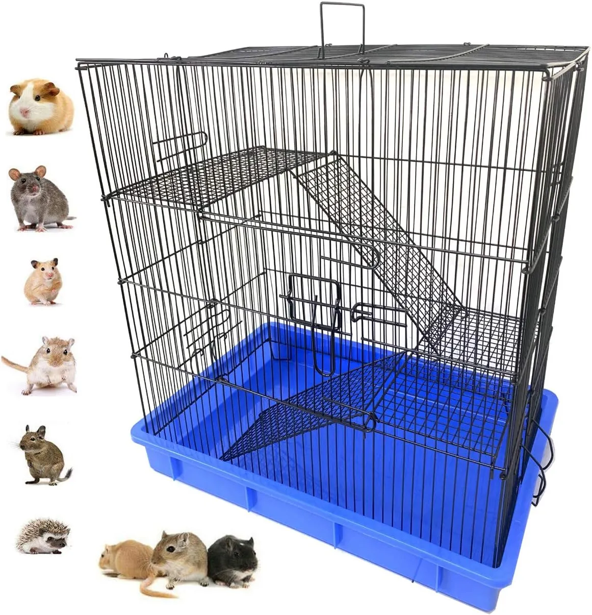 3-Levles Ferret Chinchilla Sugar Glider Rats Mice Hamster Animal Cage with 3/8 Inch Wire Body Cross Metal Shelves and Ladders Easy Bedding & Clean 3-Inch Deep Heavy Duty Tray