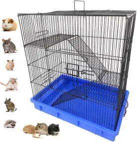 3-Levles Ferret Chinchilla Sugar Glider Rats Mice Hamster Animal Cage with 3/8 Inch Wire Body Cross Metal Shelves and Ladders Easy Bedding & Clean 3-Inch Deep Heavy Duty Tray