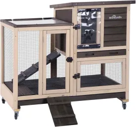 Aivituvin Upgrade Rabbit Cage Indoor Bunny Hutch with Run with Two Deeper No Leak Trays - 4 Casters Include for Outdoor (Coffee)