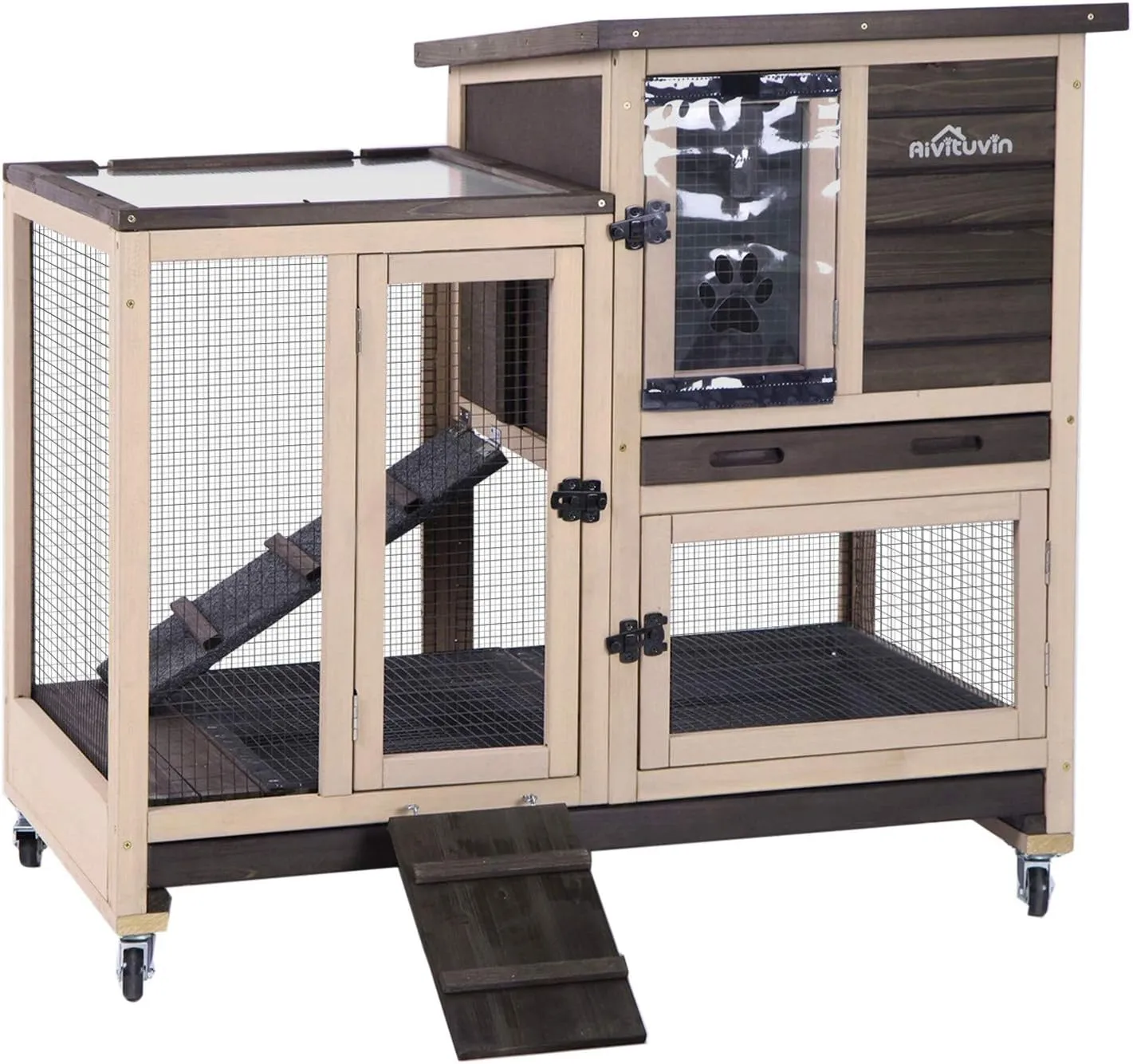 Aivituvin Upgrade Rabbit Cage Indoor Bunny Hutch with Run with Two Deeper No Leak Trays - 4 Casters Include for Outdoor (Coffee)