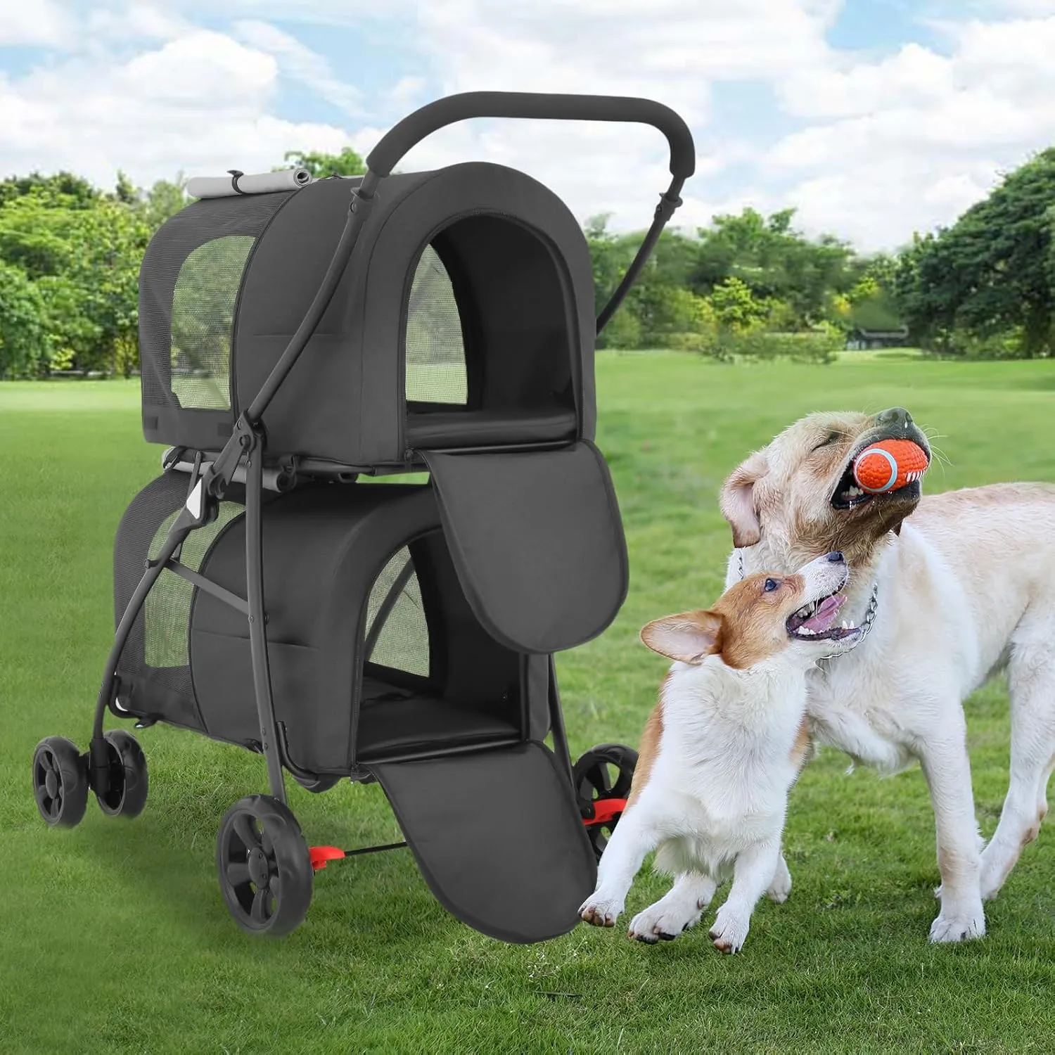 Athena Collection Double Pet Stroller with 2 Detachable Carrier Bag, Foldable Dog Strollers for Small Medium Dog Cat Strollers for 2 Cats with Safety Rope, Lockable Wheels, Pocket for Travel, Black