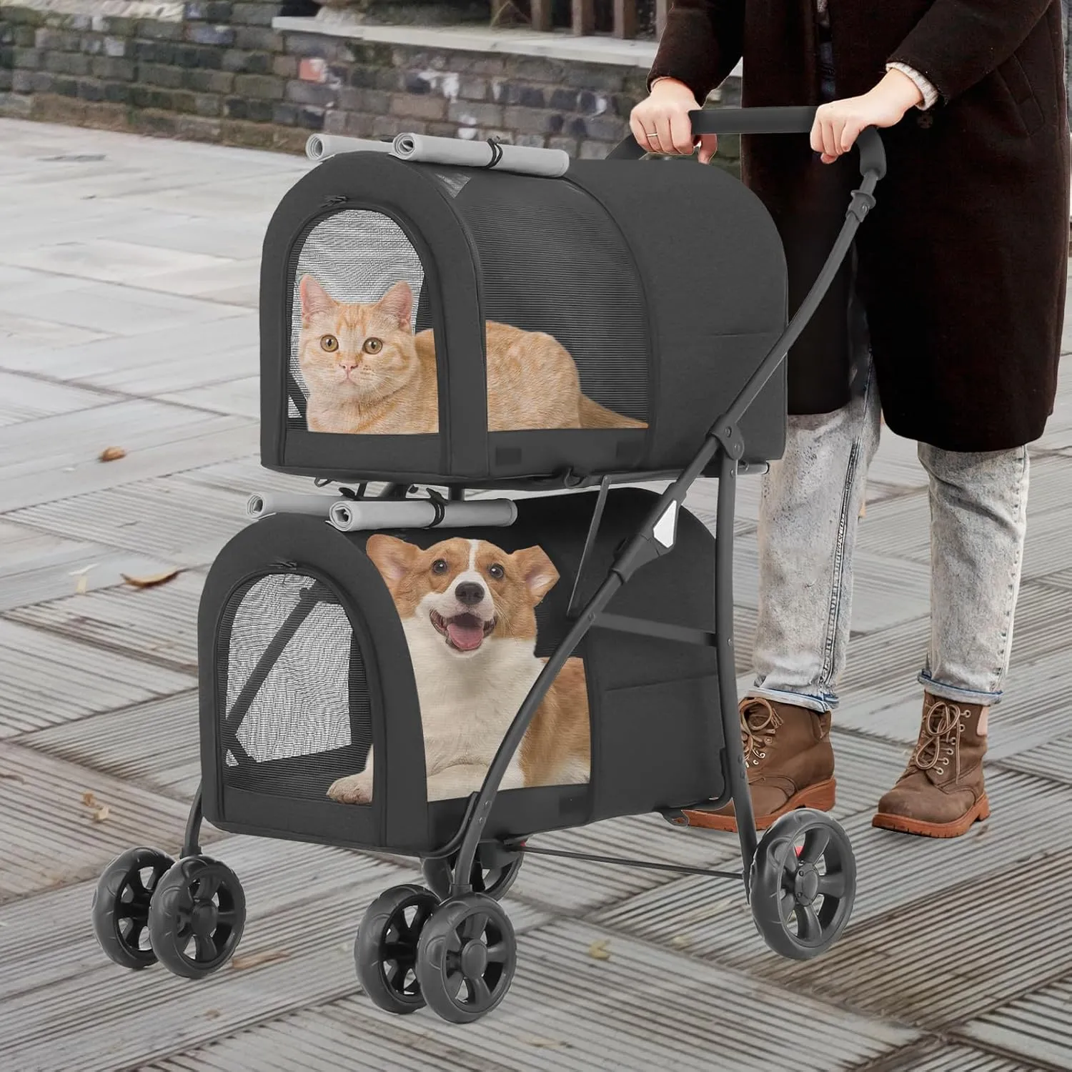 Athena Collection Double Pet Stroller with 2 Detachable Carrier Bag, Foldable Dog Strollers for Small Medium Dog Cat Strollers for 2 Cats with Safety Rope, Lockable Wheels, Pocket for Travel, Black