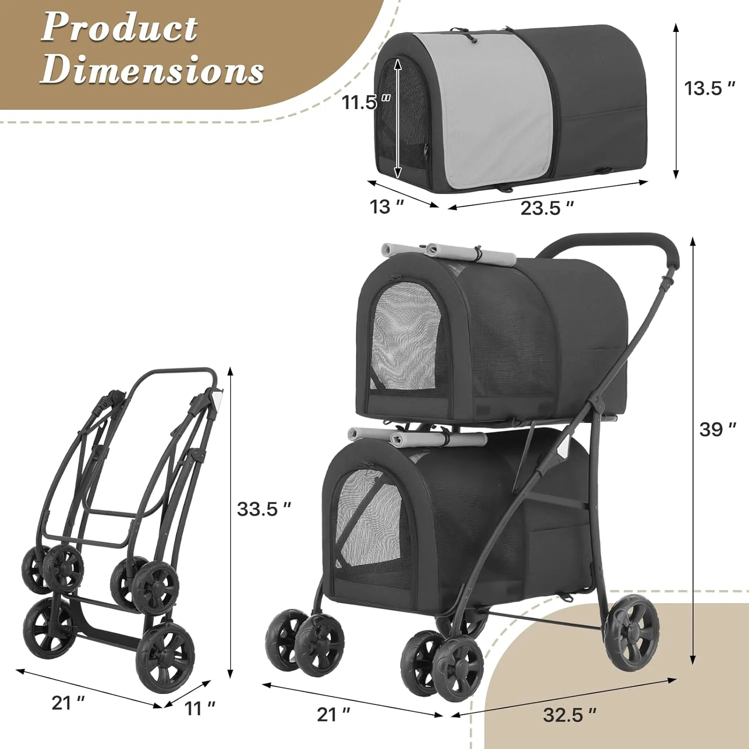 Athena Collection Double Pet Stroller with 2 Detachable Carrier Bag, Foldable Dog Strollers for Small Medium Dog Cat Strollers for 2 Cats with Safety Rope, Lockable Wheels, Pocket for Travel, Black