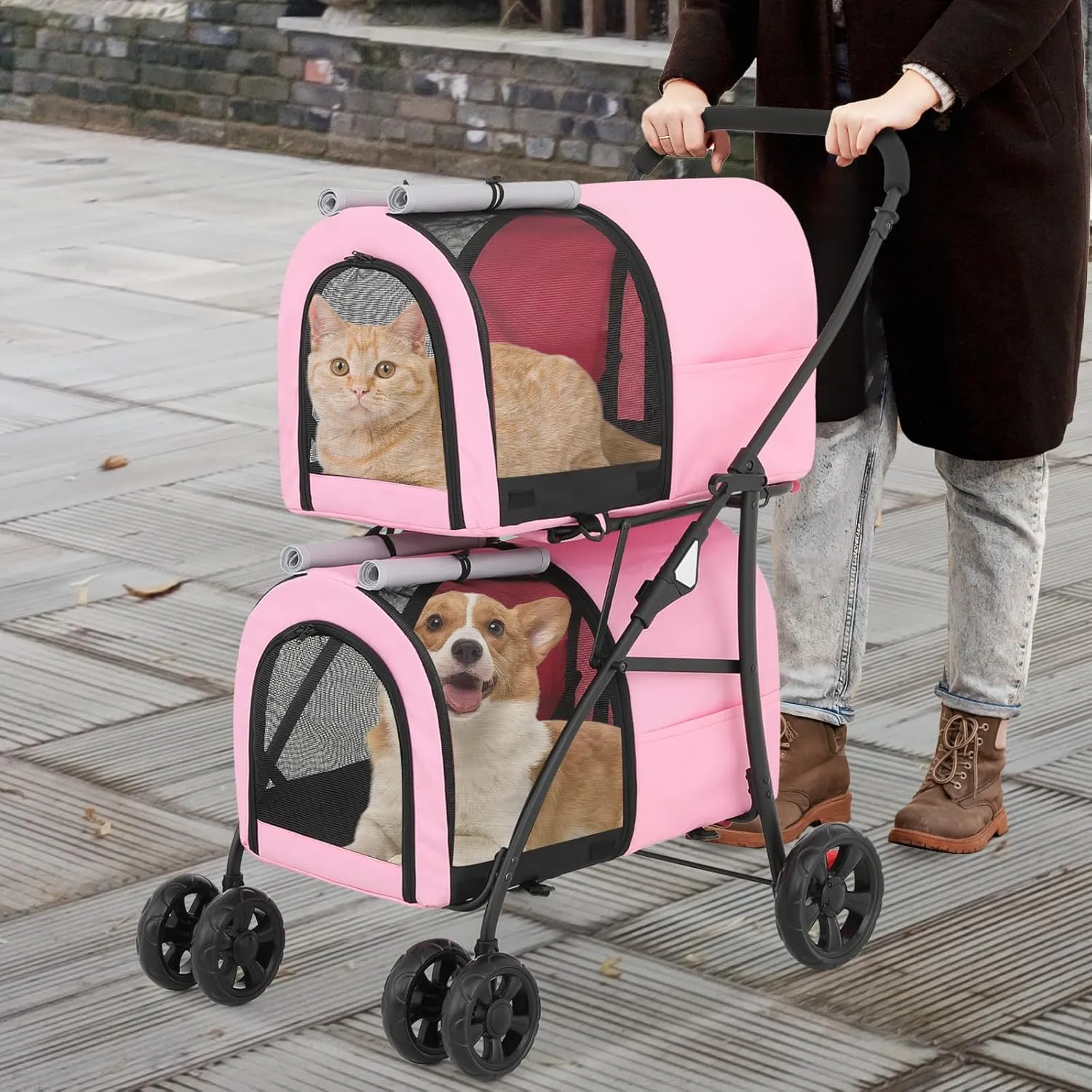 Athena Collection Double Pet Stroller with 2 Detachable Carrier Bag, Foldable Dog Strollers for Small Medium Dog Cat Strollers for 2 Cats with Safety Rope, Lockable Wheels, Pocket for Travel, Pink