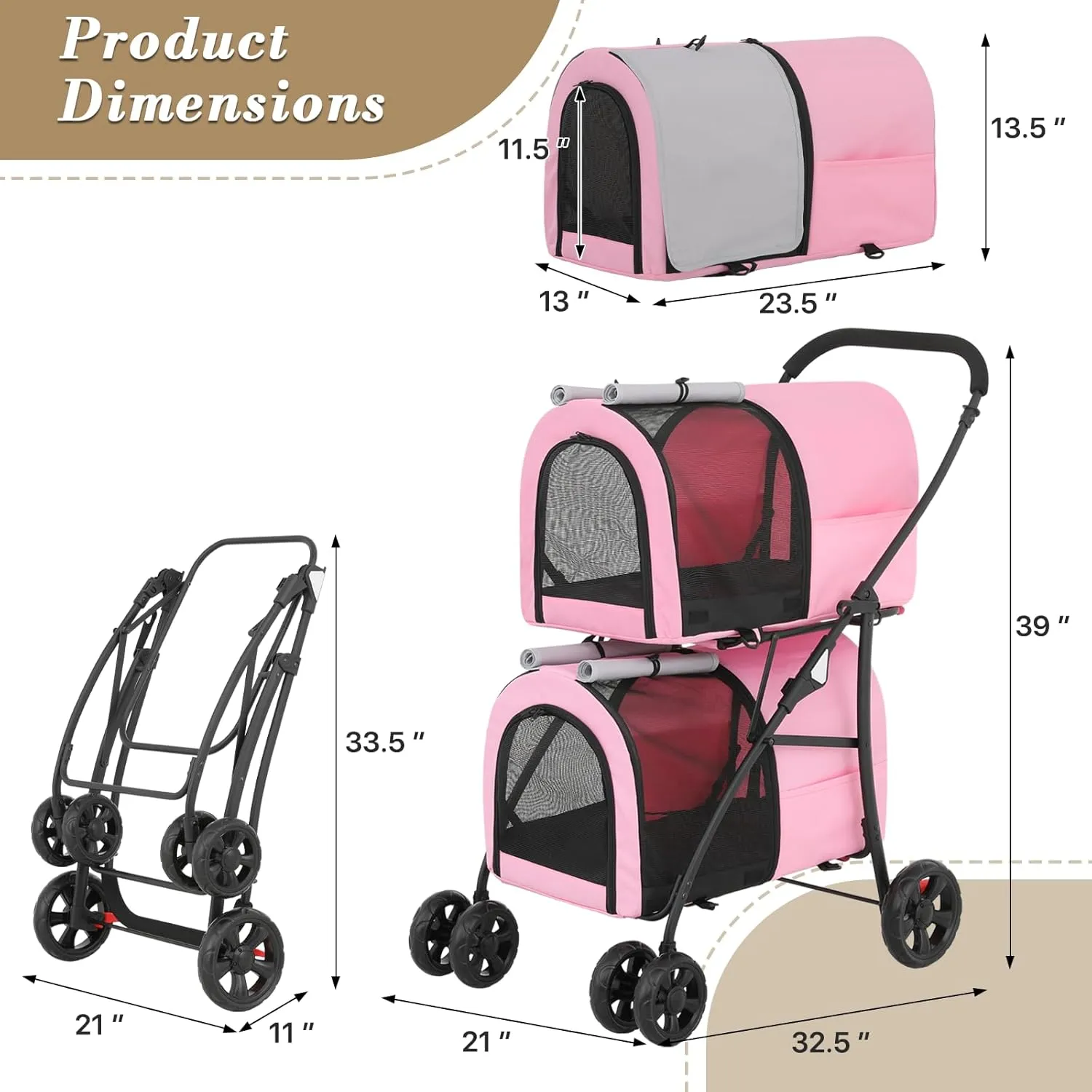 Athena Collection Double Pet Stroller with 2 Detachable Carrier Bag, Foldable Dog Strollers for Small Medium Dog Cat Strollers for 2 Cats with Safety Rope, Lockable Wheels, Pocket for Travel, Pink