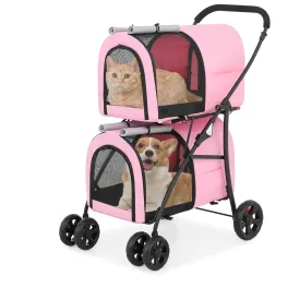 Athena Collection Double Pet Stroller with 2 Detachable Carrier Bag, Foldable Dog Strollers for Small Medium Dog Cat Strollers for 2 Cats with Safety Rope, Lockable Wheels, Pocket for Travel, Pink