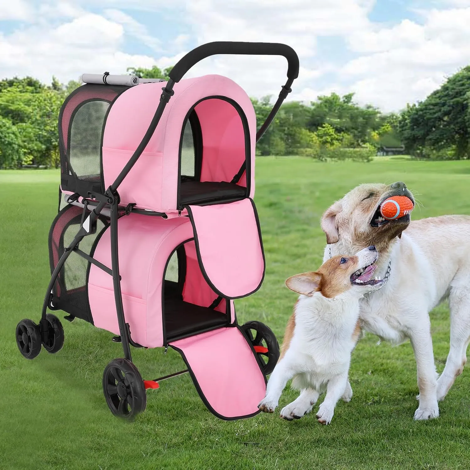 Athena Collection Double Pet Stroller with 2 Detachable Carrier Bag, Foldable Dog Strollers for Small Medium Dog Cat Strollers for 2 Cats with Safety Rope, Lockable Wheels, Pocket for Travel, Pink