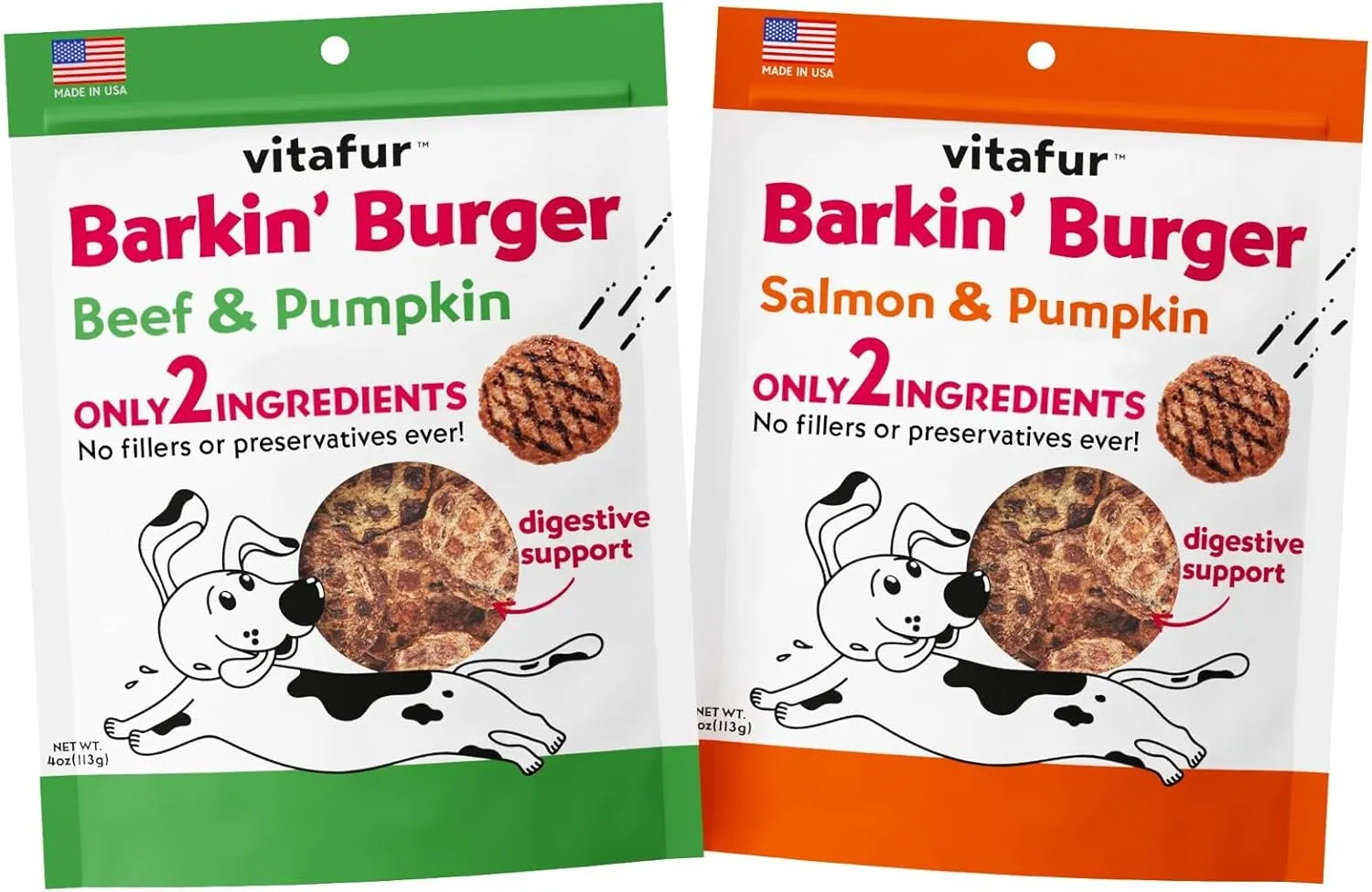 Barkin Burgers Dog Treats Combo Pack | Salmon & Pumpkin   Beef & Pumpkin Grain-Free All-Natural Two-Ingredient Dog Treats - 2 Pack, 4 oz Each