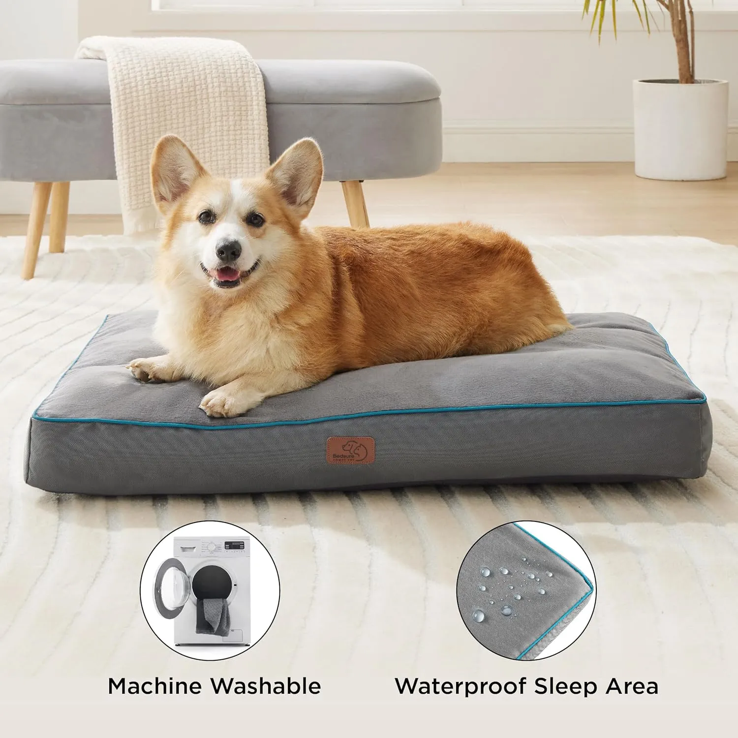 Bedsure XL Washable Dog Crate Bed - 4 Inch Thicken Up to 90lbs Waterproof Pet Mat Pillows with Removable Washable Cover, Grey