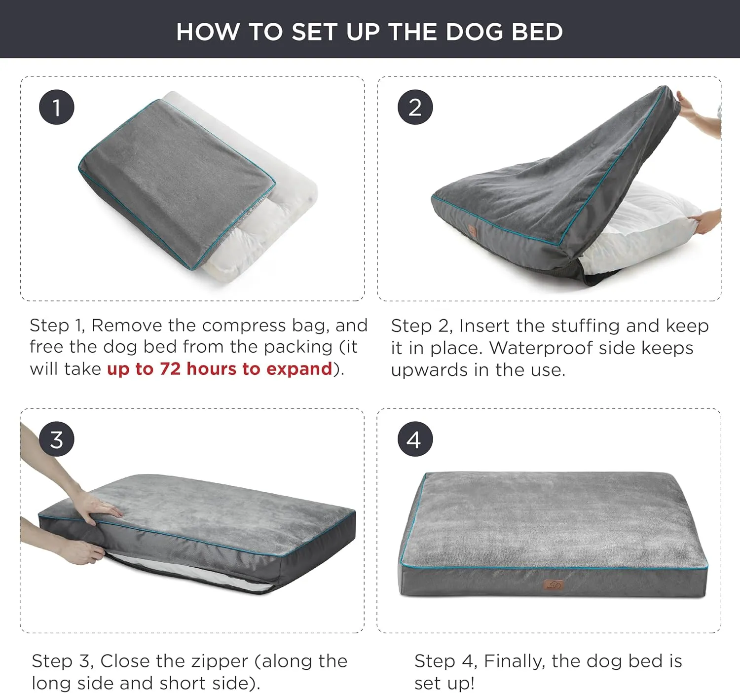 Bedsure XL Washable Dog Crate Bed - 4 Inch Thicken Up to 90lbs Waterproof Pet Mat Pillows with Removable Washable Cover, Grey
