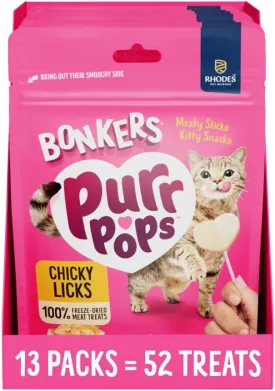 Bonkers Purrpops, Freeze Dried Chicken Flavor Lollipop Cat Treats, Healthy Single Ingredient Treats, Training Treats or Food Topper, for All Breeds and Ages, Value Pack (13 Pack, 52 Pieces)