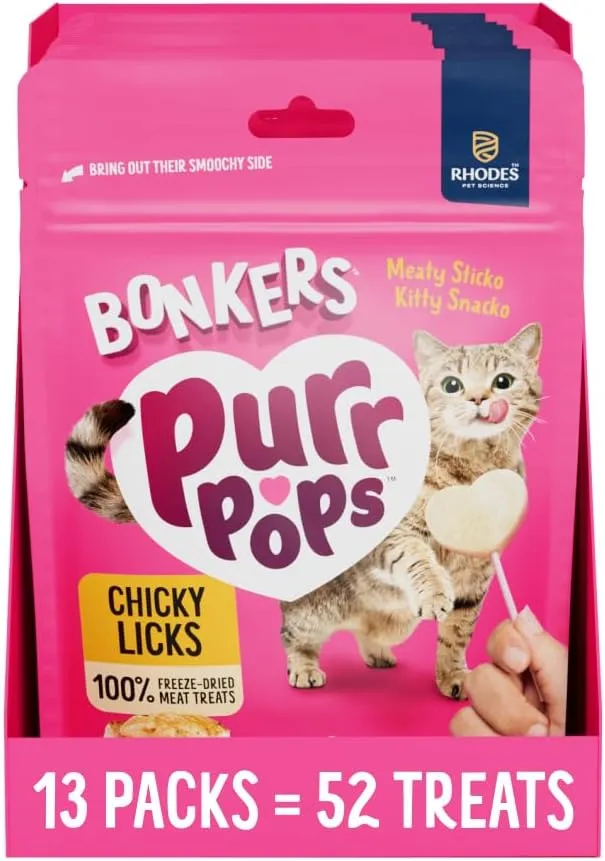 Bonkers Purrpops, Freeze Dried Chicken Flavor Lollipop Cat Treats, Healthy Single Ingredient Treats, Training Treats or Food Topper, for All Breeds and Ages, Value Pack (13 Pack, 52 Pieces)