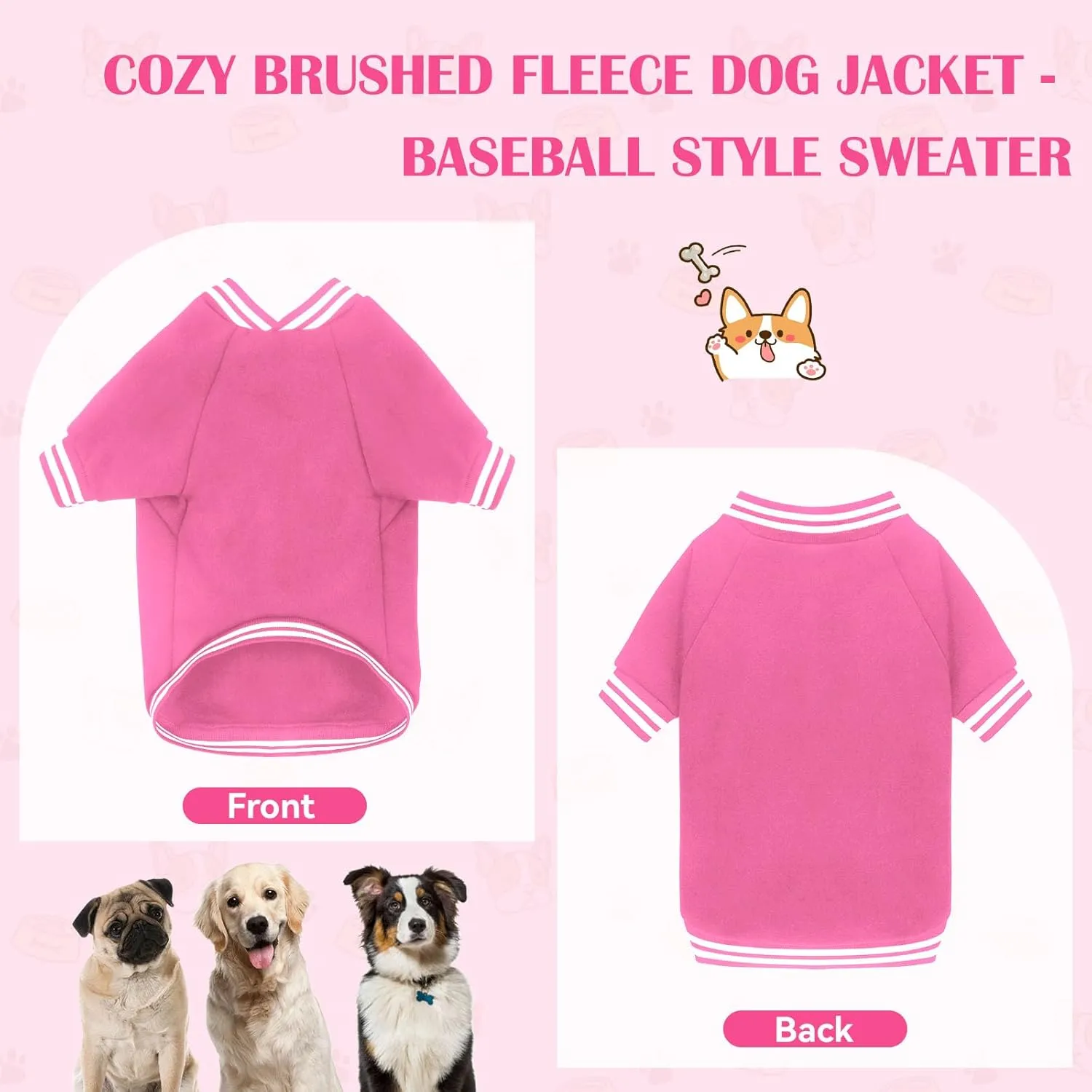 Brushed Fleece Dog Sweater - Soft Warm Baseball Jacket for Small Dogs - Puppy Sweater Boy Girl (Pink-S)