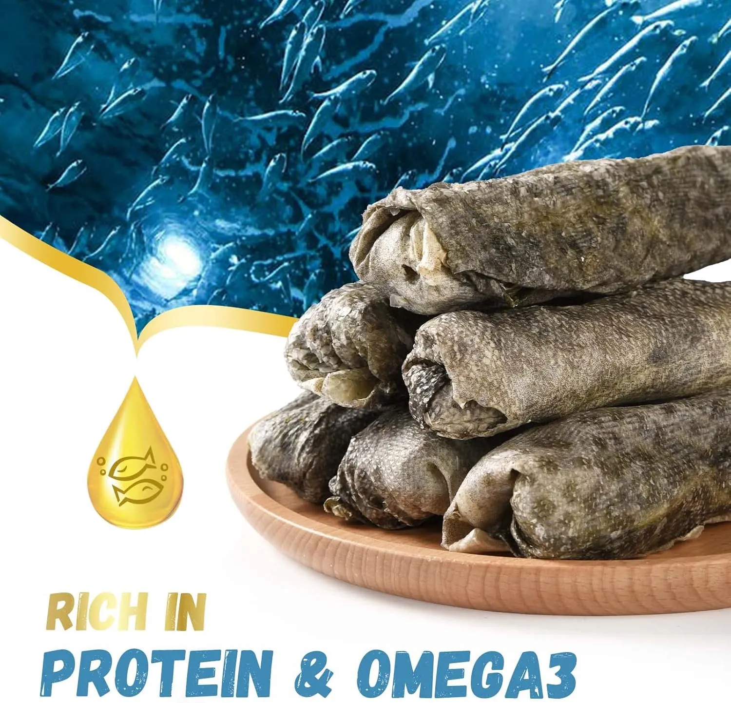 Cod Skins Dog Treats, All-Natural Chew Fish Skin Rolls, Rawhide-Free Natural One-Ingredient Healthy Dog Treat, Rich in Omega3 Protein 10.6 OZ