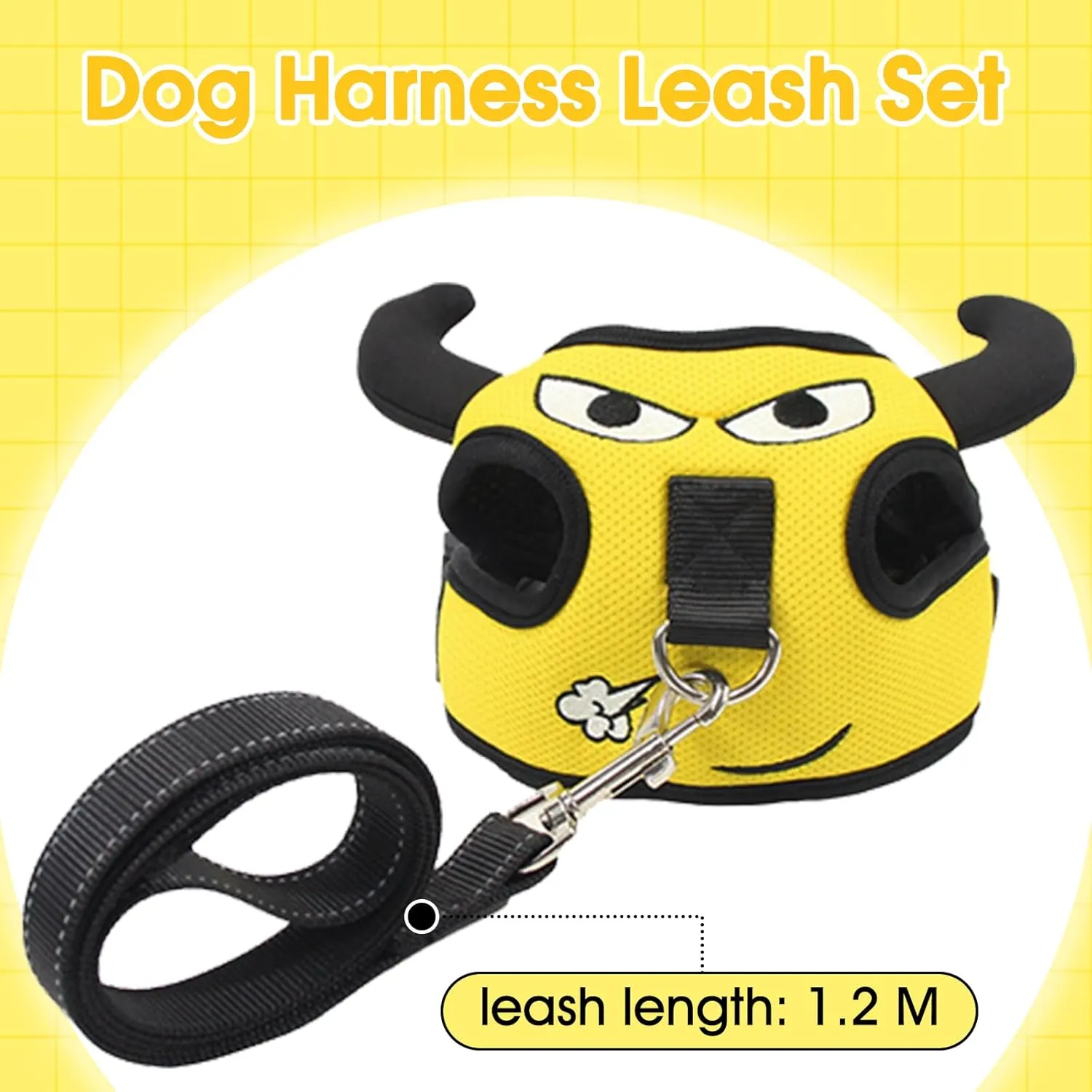 Dog Harness for Small Dogs, Dog Harness and Leash Set, Cute Breathable Mesh Puppy Harnesses, Adjustable Soft Padded Dogs Vest Harnesses(Yellow Bull, S)