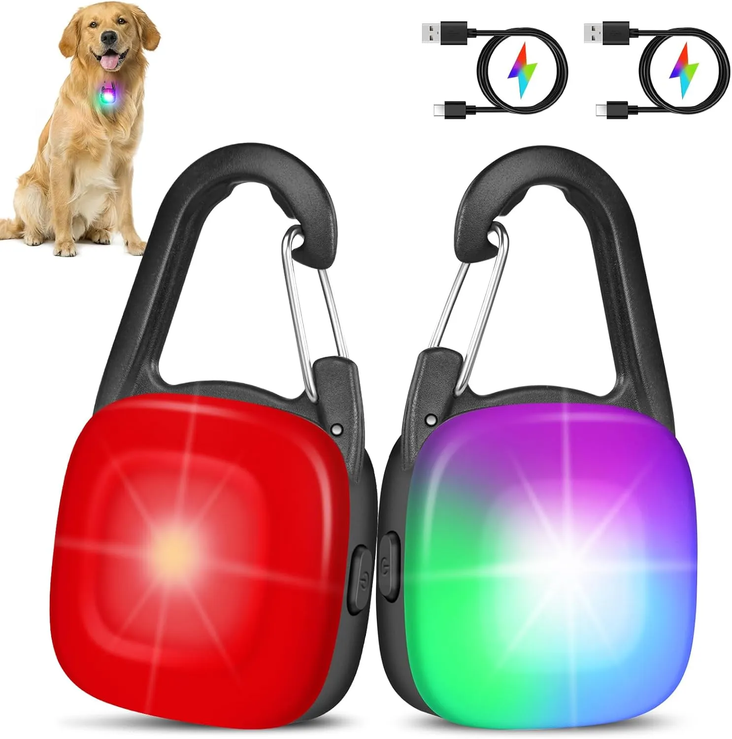 Dog Lights for Night Walking, 2 Pack Clip On Dog Collar Light with 4 Modes, Rechargeable & IP68 Waterproof LED Accessories for Pet Nighttime Camping, Climbing