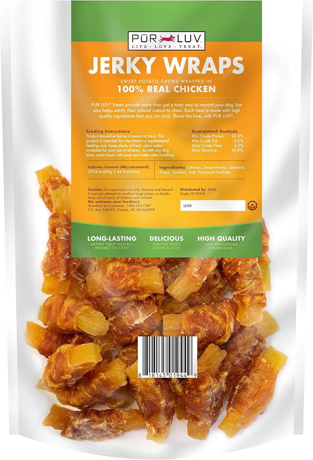 Dog Treats, Chicken & Sweet Potato Jerky Wraps, Made with Real Chicken, 16 Ounces, Rawhide Free, Healthy, Easily Digestible, Long Lasting, High Protein Dog Treat, Satisfies Dog's Urge to Chew