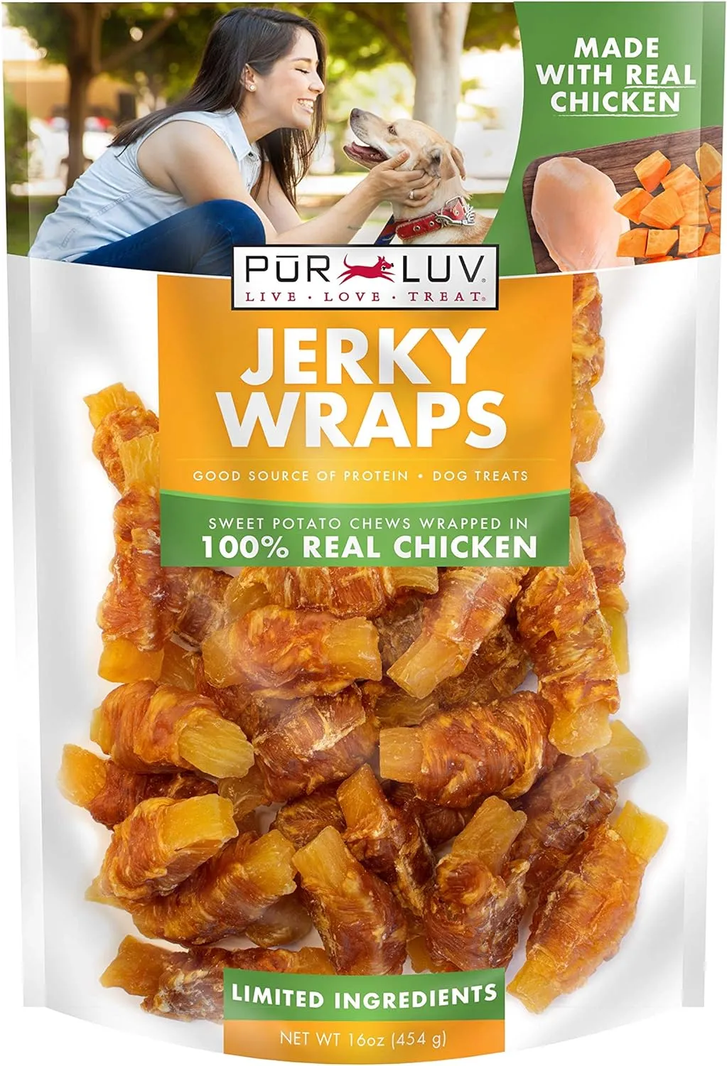 Dog Treats, Chicken & Sweet Potato Jerky Wraps, Made with Real Chicken, 16 Ounces, Rawhide Free, Healthy, Easily Digestible, Long Lasting, High Protein Dog Treat, Satisfies Dog's Urge to Chew