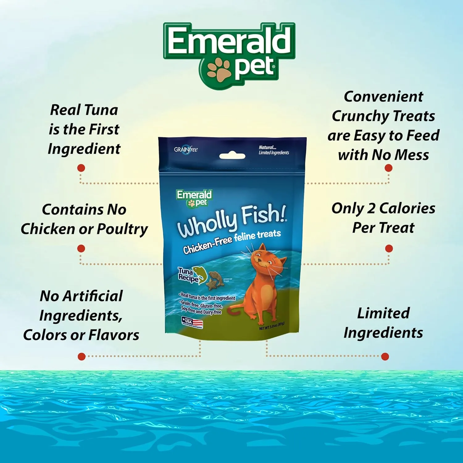 EMERALD PET Wholly Fish! Chicken-Free Feline Treats, Tuna Recipe  Tasty and Crunchy Tuna Cat Treats with Real Tuna  Chicken Free, Grain Free, Natural Cat Treats  Made in USA, 3 oz