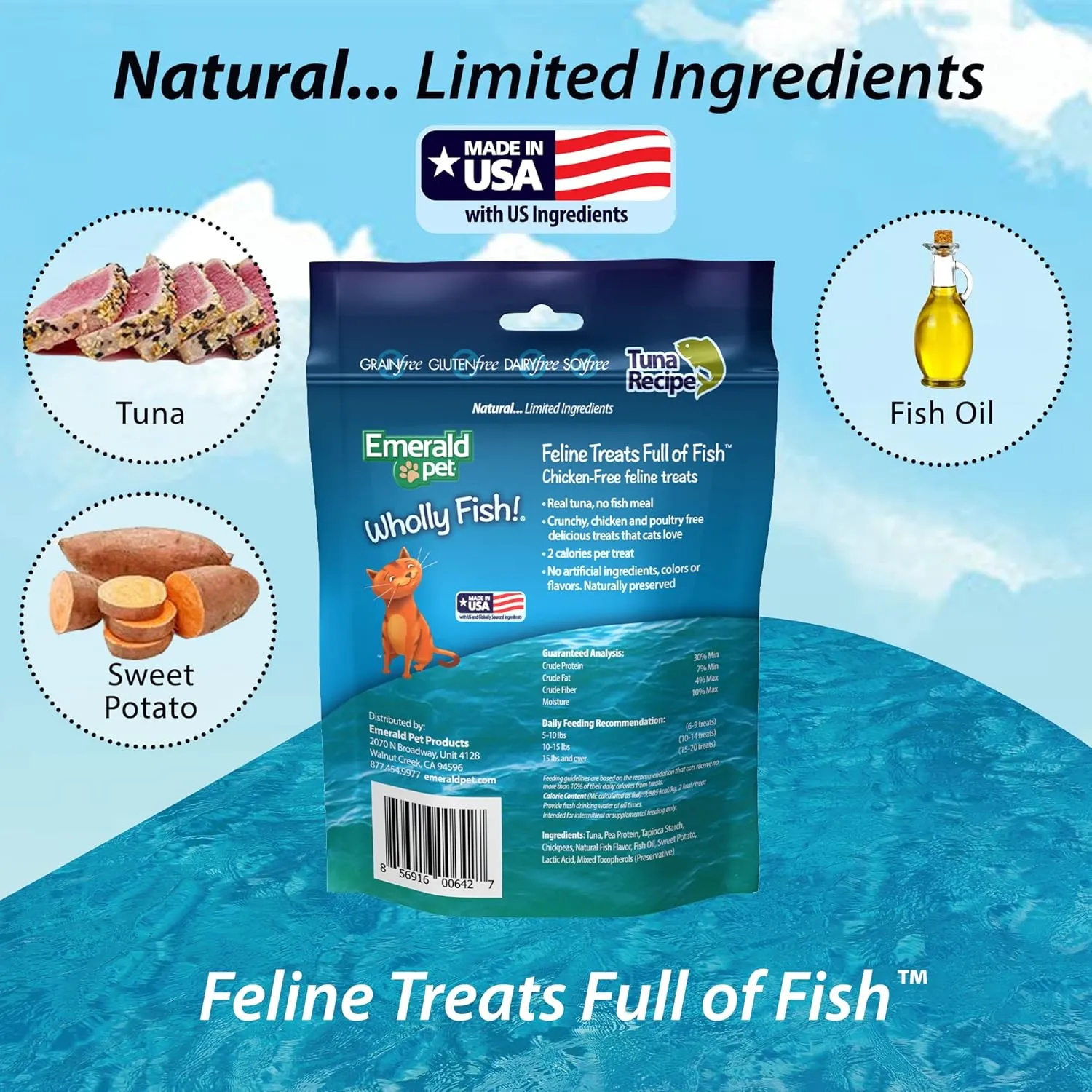 EMERALD PET Wholly Fish! Chicken-Free Feline Treats, Tuna Recipe  Tasty and Crunchy Tuna Cat Treats with Real Tuna  Chicken Free, Grain Free, Natural Cat Treats  Made in USA, 3 oz