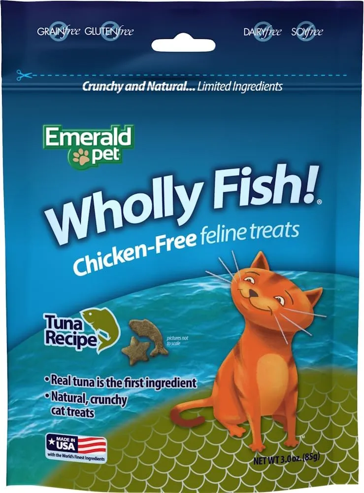 EMERALD PET Wholly Fish! Chicken-Free Feline Treats, Tuna Recipe  Tasty and Crunchy Tuna Cat Treats with Real Tuna  Chicken Free, Grain Free, Natural Cat Treats  Made in USA, 3 oz