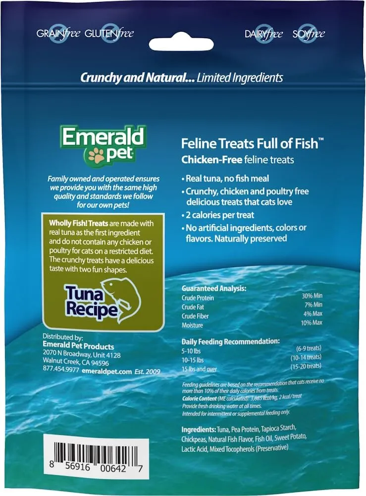 EMERALD PET Wholly Fish! Chicken-Free Feline Treats, Tuna Recipe  Tasty and Crunchy Tuna Cat Treats with Real Tuna  Chicken Free, Grain Free, Natural Cat Treats  Made in USA, 3 oz