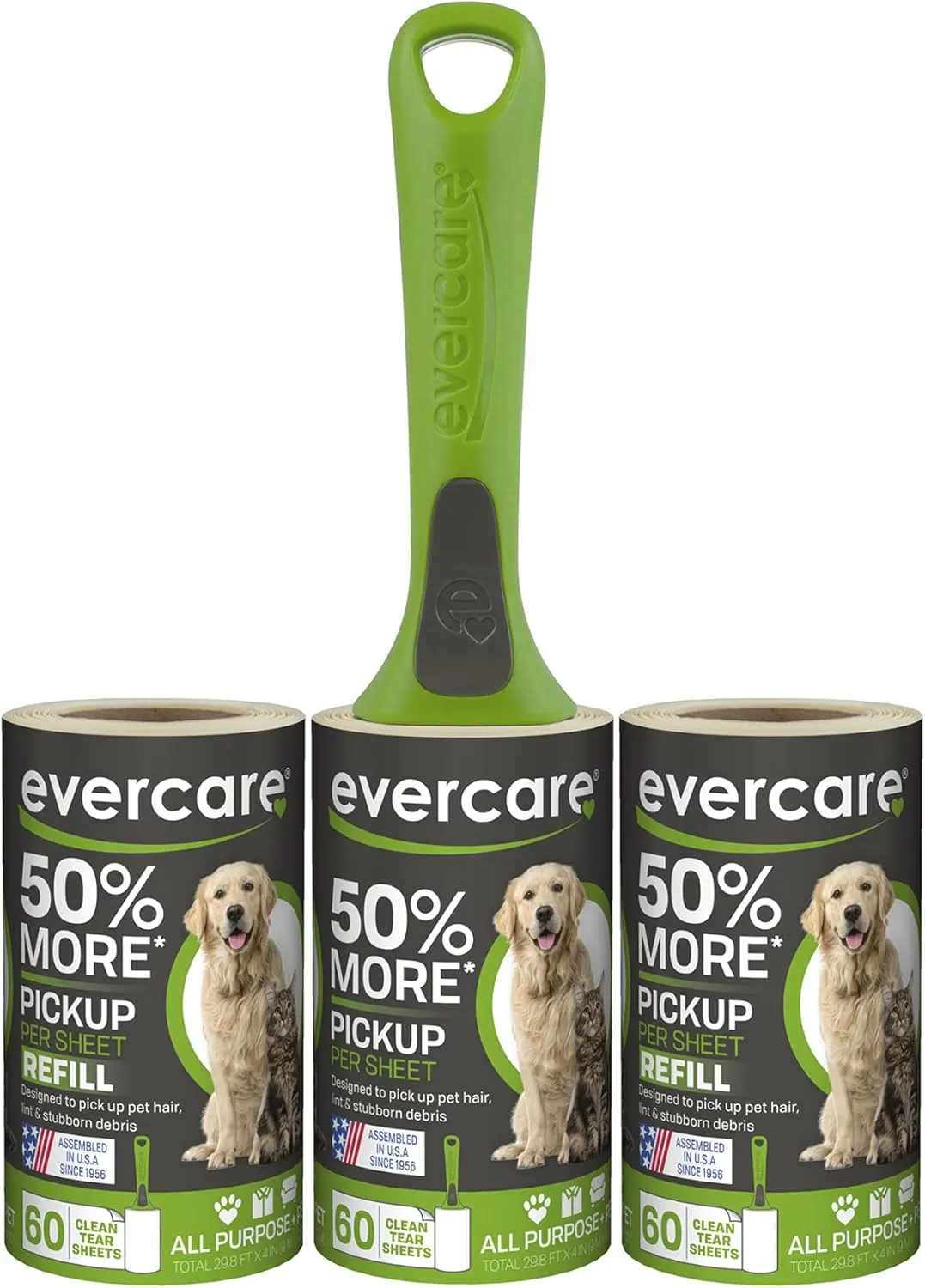 Evercare All Purpose Pet Hair Lint Roller with 2 Refills, 180 Total Sheets  Reusable Sticky Roller for Pet Hair, Cat & Dog Hair Remover, Lint Remover, Pet Hair Remover for Furniture, Clothing & Cars