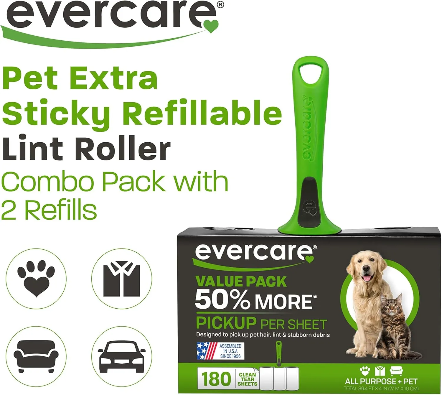 Evercare All Purpose Pet Hair Lint Roller with 2 Refills, 180 Total Sheets  Reusable Sticky Roller for Pet Hair, Cat & Dog Hair Remover, Lint Remover, Pet Hair Remover for Furniture, Clothing & Cars
