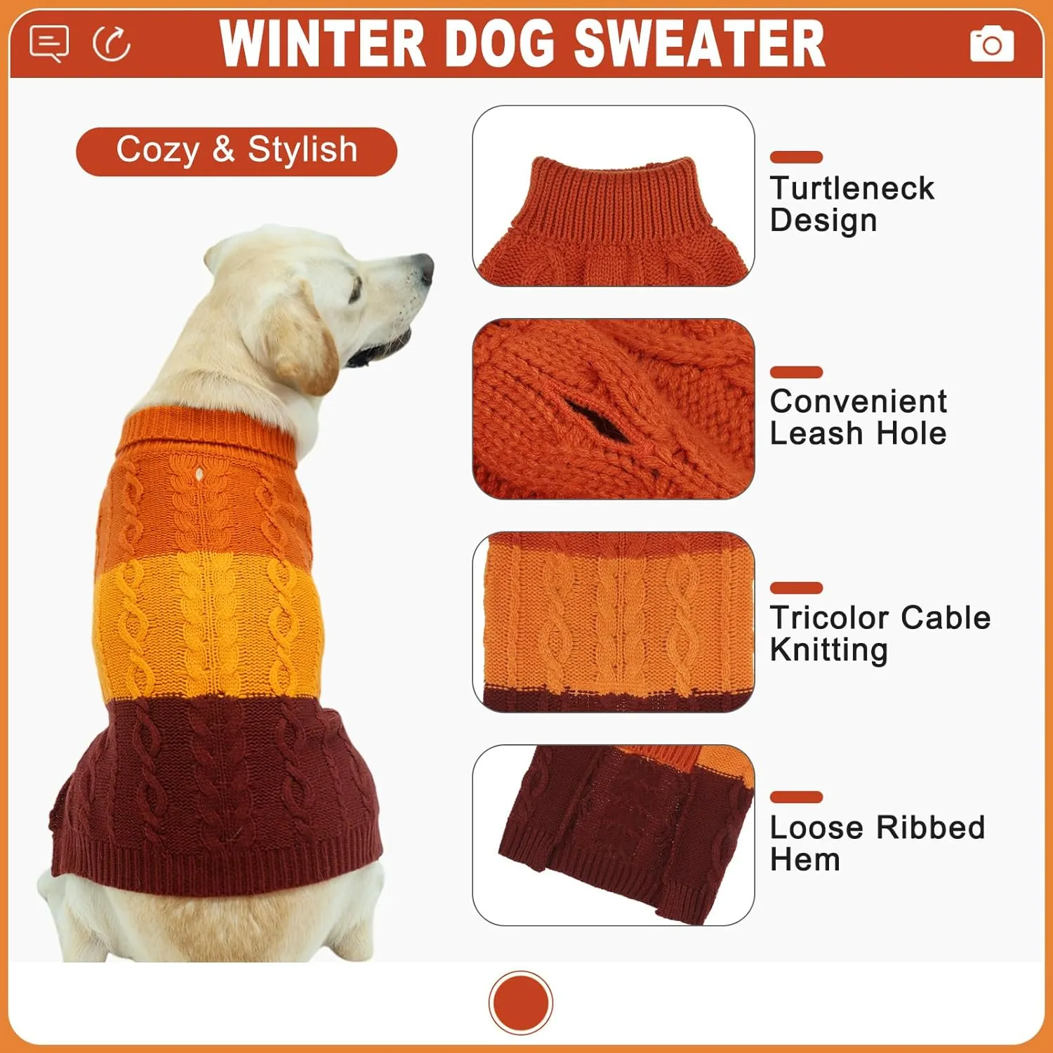 EXPAWLORER Dog Sweater - Large Dog Fall Sweaters for Dogs Girls Boys,Classic Turtleneck Knitwear Dog Clothes for Cold Weather, Cable Knit Dog Outfit,Coat,Pet Apparel(Orange,XL)