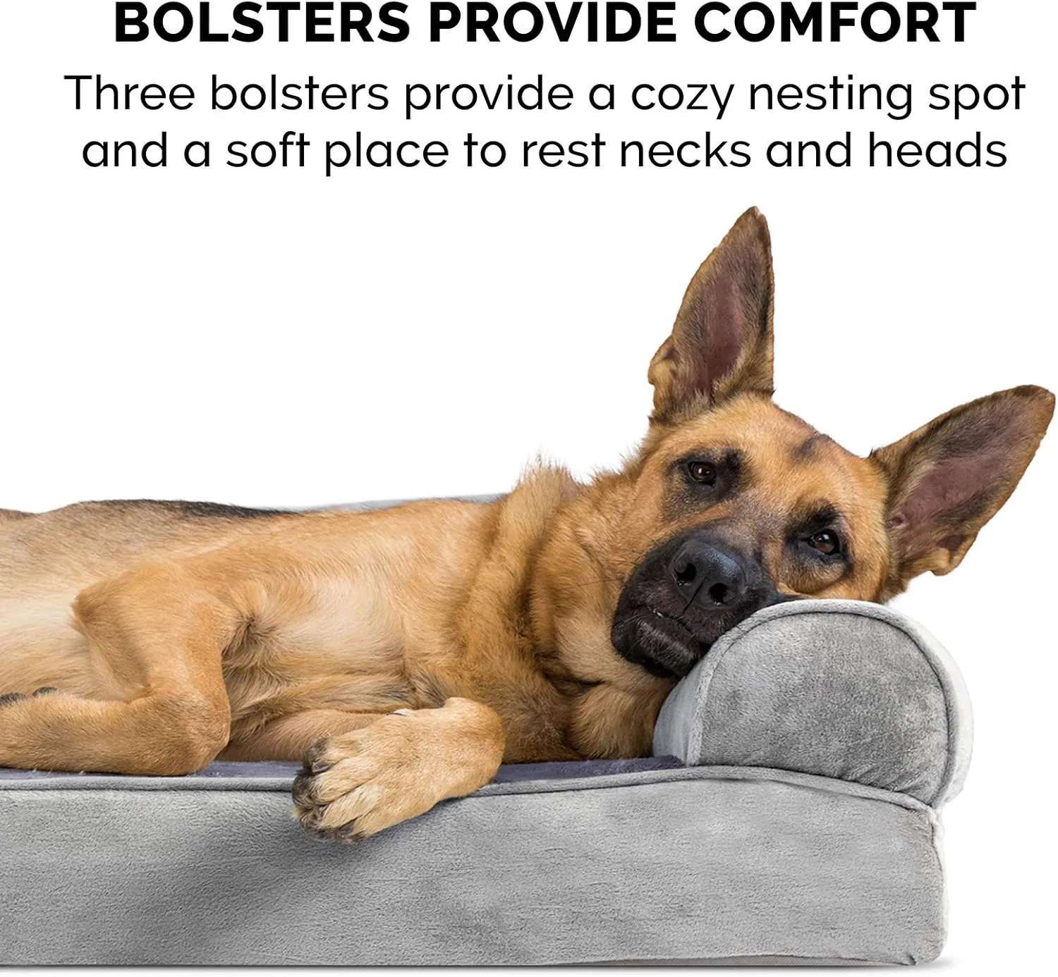 Furhaven Cooling Gel Dog Bed for Large Dogs w/ Removable Bolsters & Washable Cover, For Dogs Up to 95 lbs - Faux Fur & Velvet Sofa - Smoke Gray, Jumbo/XL