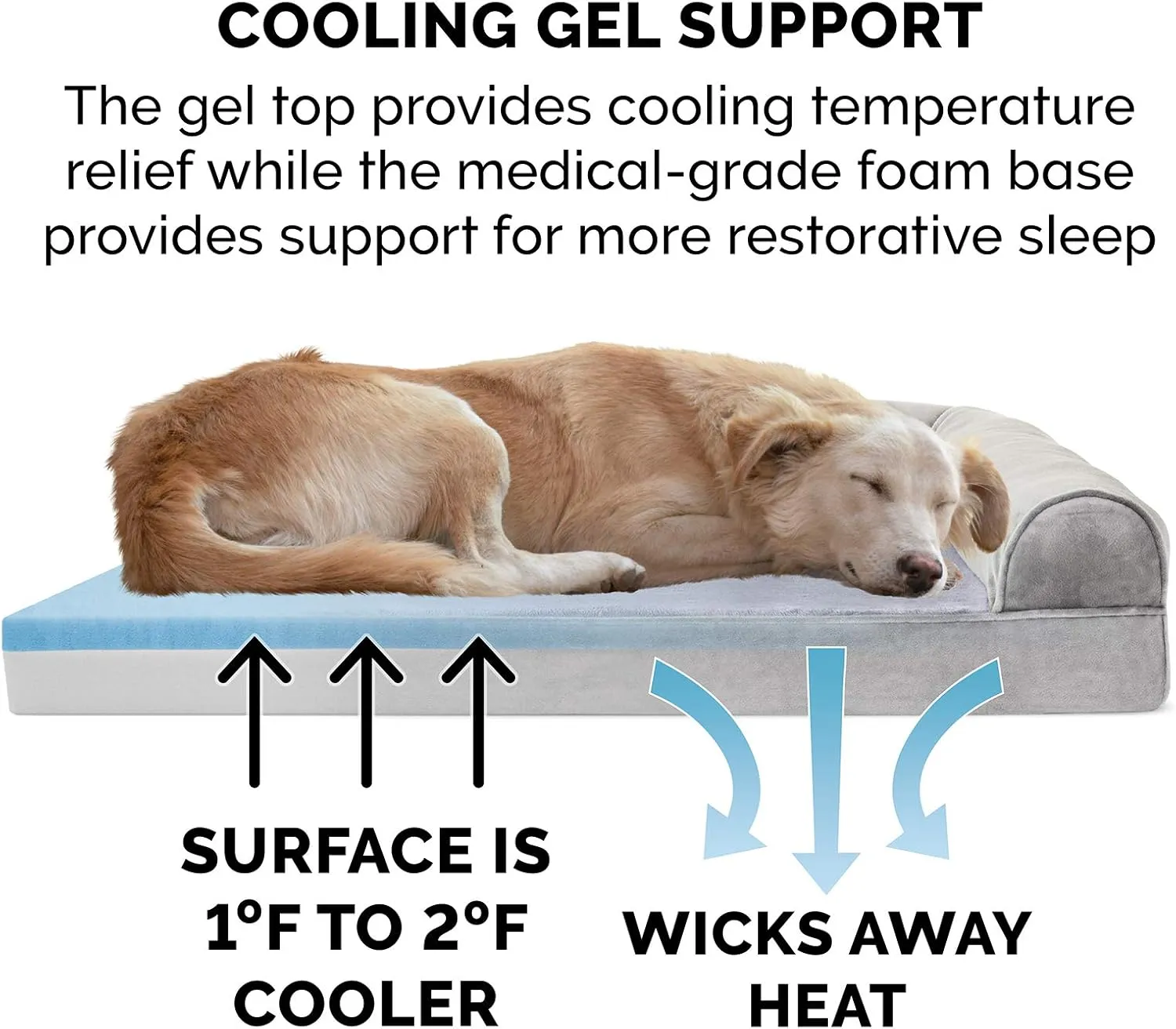 Furhaven Cooling Gel Dog Bed for Large Dogs w/ Removable Bolsters & Washable Cover, For Dogs Up to 95 lbs - Faux Fur & Velvet Sofa - Smoke Gray, Jumbo/XL