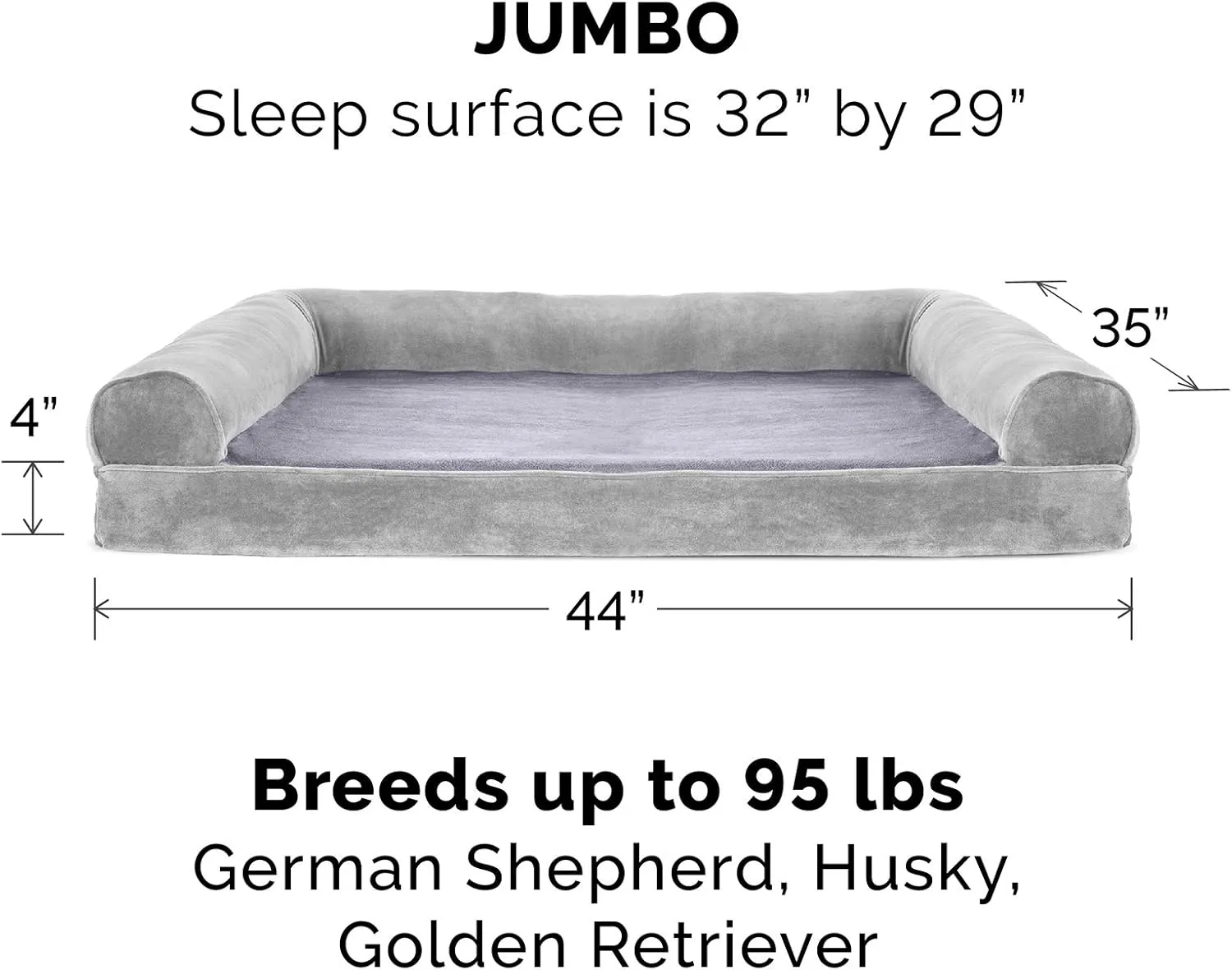 Furhaven Cooling Gel Dog Bed for Large Dogs w/ Removable Bolsters & Washable Cover, For Dogs Up to 95 lbs - Faux Fur & Velvet Sofa - Smoke Gray, Jumbo/XL