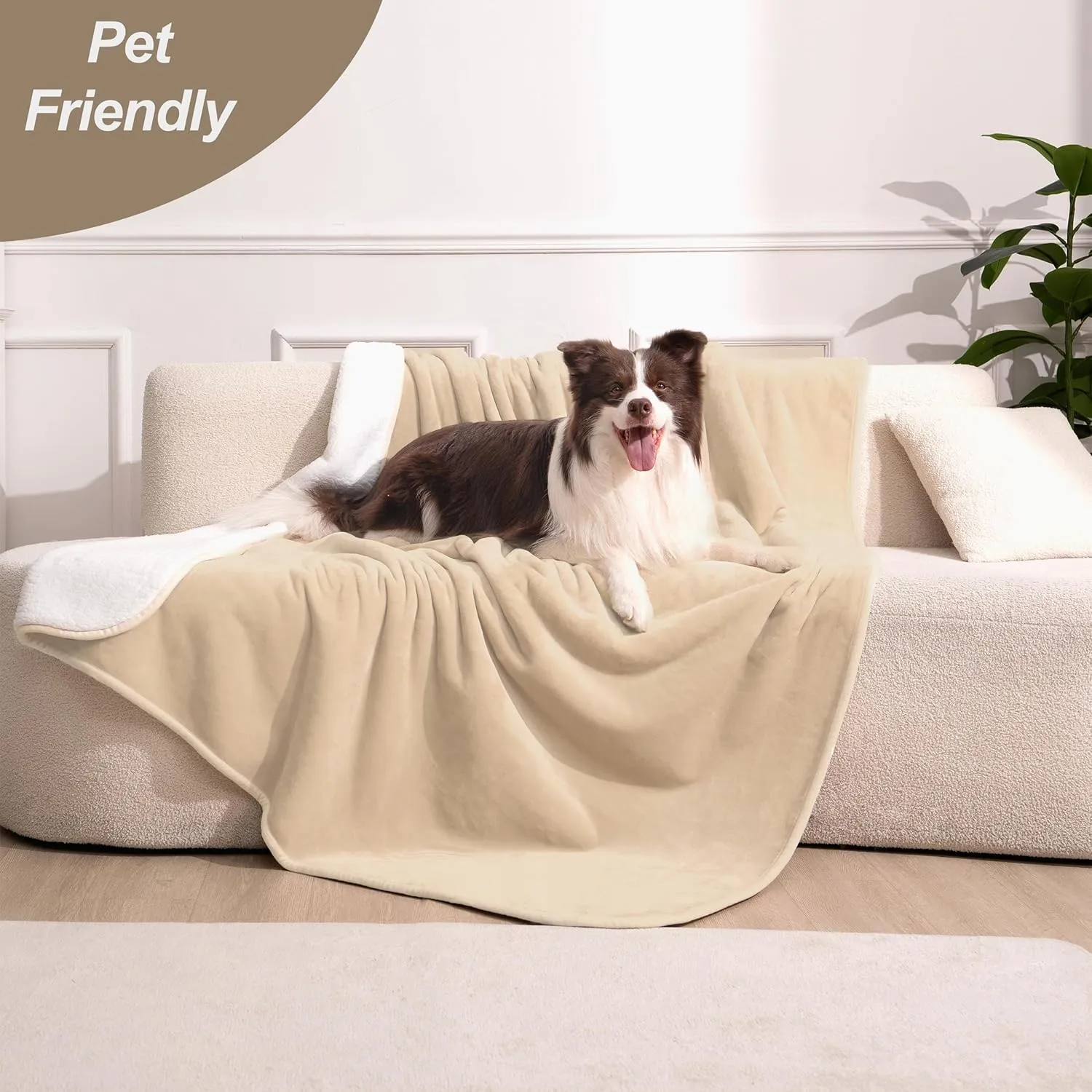 gogobunny Waterproof Bed Blanket, Reversible Sherpa Fleece Throw Blanket for Dog Puppy Cat, Furniture Cover Protects Bed Couch Sofa from Liquid Pee and Pet Fur (Beige, 60x80 inches)