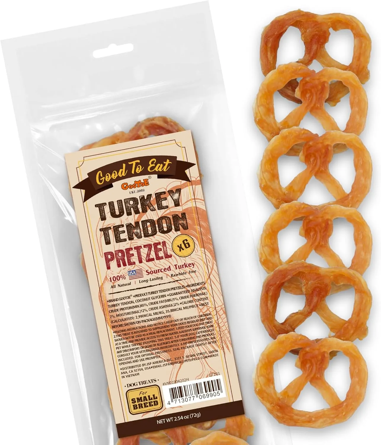 Gootoe Turkey Tendon Dog Treats, Pretzel (S) 6 Units/Pack, 100% USA Sourced Turkey, Natural Snack, Premium Puppy Chews, Hypoallergenic, Reseal Value Bags, Size for Small Dogs