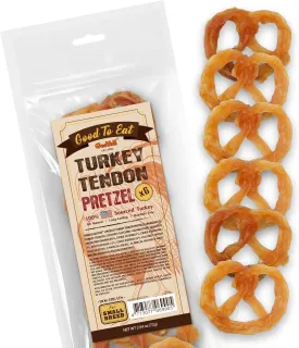 Gootoe Turkey Tendon Dog Treats, Pretzel (S) 6 Units/Pack, 100% USA Sourced Turkey, Natural Snack, Premium Puppy Chews, Hypoallergenic, Reseal Value Bags, Size for Small Dogs