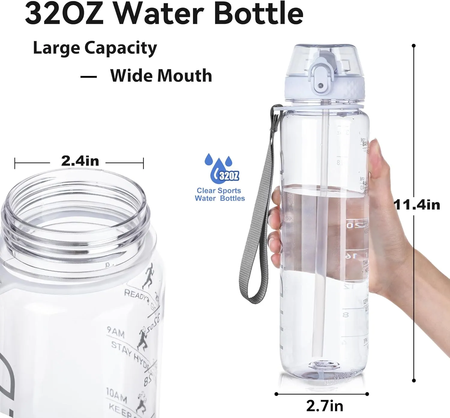 GOPPUS Water Bottle,Clear Water Bottles with Straw,32oz Sports Bottle With Time Markers-BPA-Free Tritan Wide Mouth Bottle Leakproof Motivational wate bottles for Gym,Hiking,School or Office(1 Bottle)