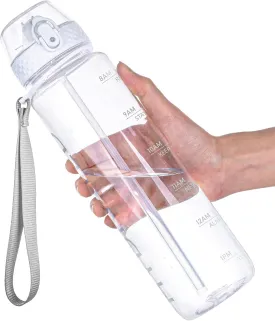 GOPPUS Water Bottle,Clear Water Bottles with Straw,32oz Sports Bottle With Time Markers-BPA-Free Tritan Wide Mouth Bottle Leakproof Motivational wate bottles for Gym,Hiking,School or Office(1 Bottle)