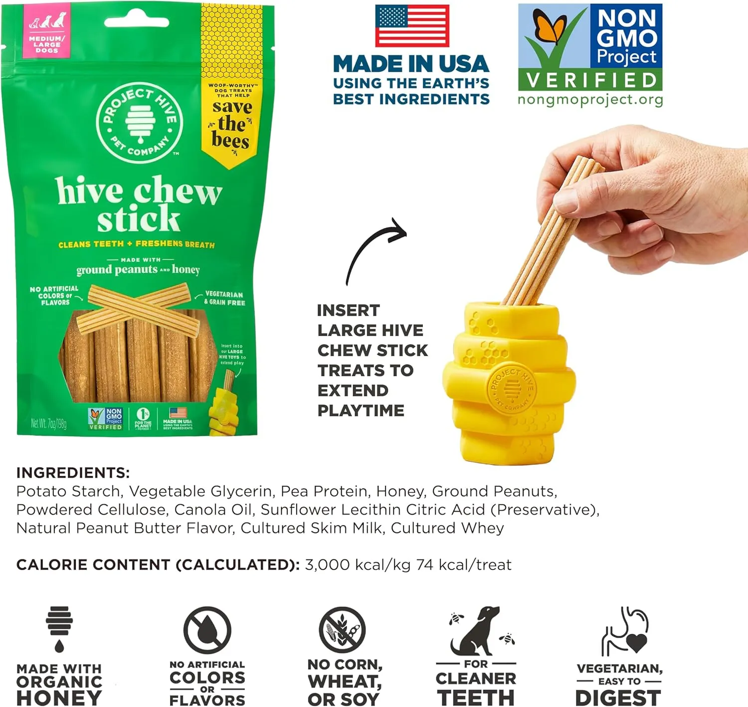 Hive Treats for Dogs  Healthy, Non-GMO Project Verified, Natural Peanut Butter Flavored, Natural, Vegetarian Chews, Made in The USA (Chew Sticks, Large Breeds)