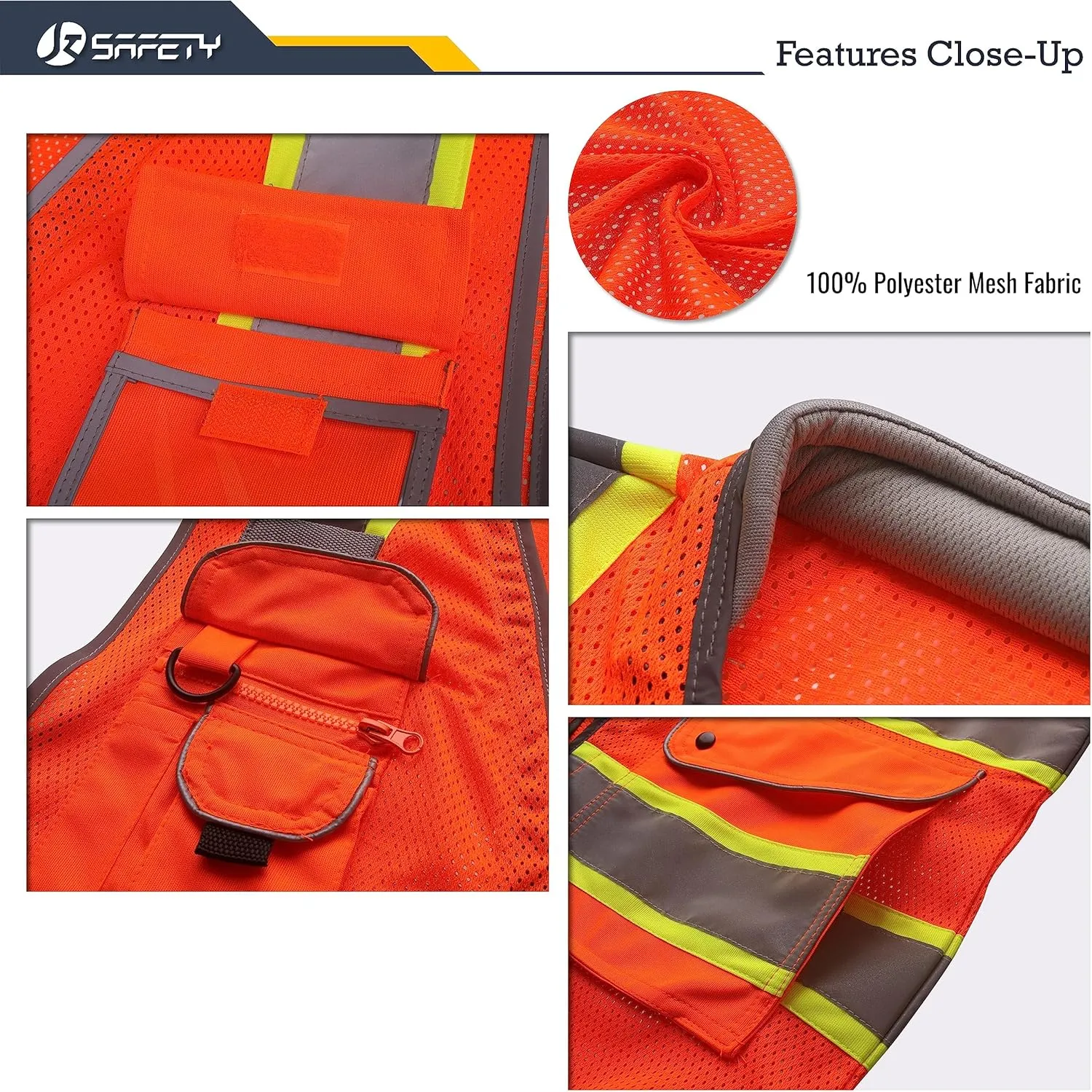 JKSafety 9 Pockets Hi-Vis Safety Vest Breathable Mesh Fabric Cushioned Collar Work Utility PPE Lightweight Industrial Work Gear ANSI/ISEA compliant (101-Orange M)