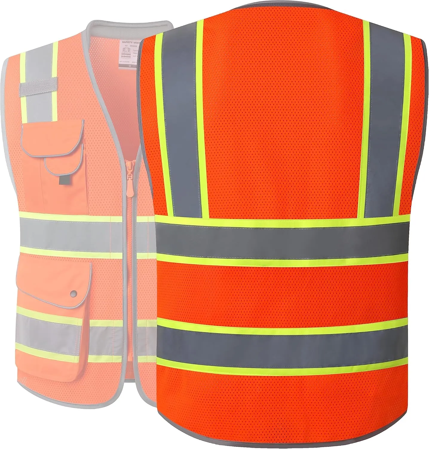 JKSafety 9 Pockets Hi-Vis Safety Vest Breathable Mesh Fabric Cushioned Collar Work Utility PPE Lightweight Industrial Work Gear ANSI/ISEA compliant (101-Orange M)