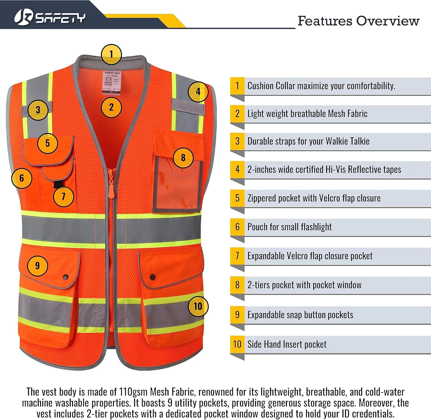 JKSafety 9 Pockets Hi-Vis Safety Vest Breathable Mesh Fabric Cushioned Collar Work Utility PPE Lightweight Industrial Work Gear ANSI/ISEA compliant (101-Orange M)