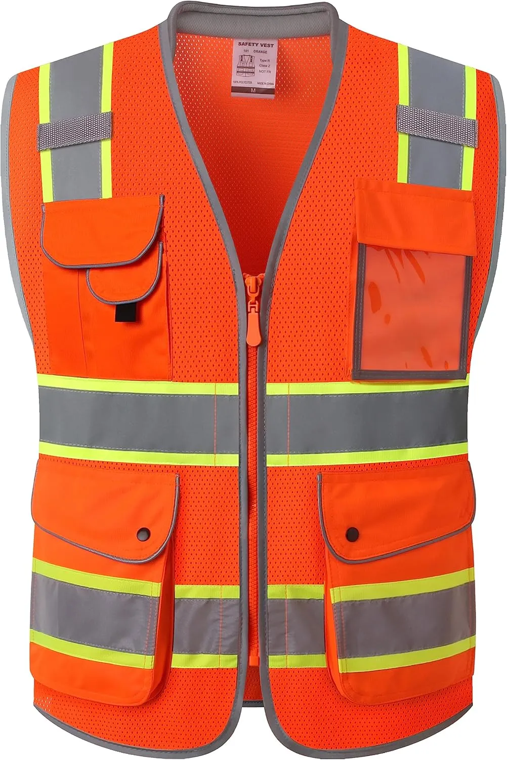 JKSafety 9 Pockets Hi-Vis Safety Vest Breathable Mesh Fabric Cushioned Collar Work Utility PPE Lightweight Industrial Work Gear ANSI/ISEA compliant (101-Orange M)