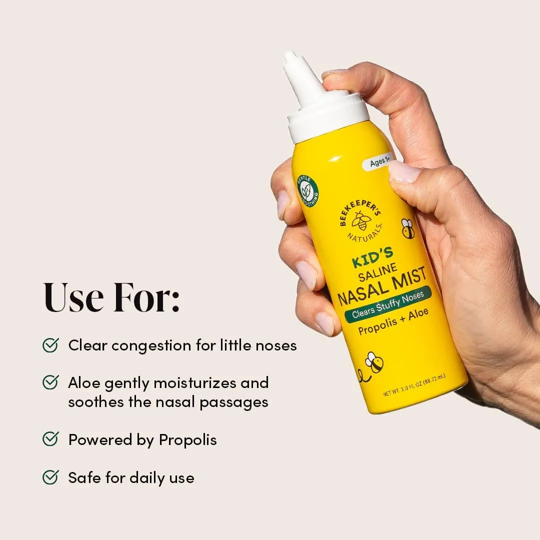 Kids' Saline Nasal Mist by Beekeeper's Naturals, Clears Stuff Noses, Nasal Spray for Kids 1  w/ Saline, Aloe & Propolis, 3 fl oz