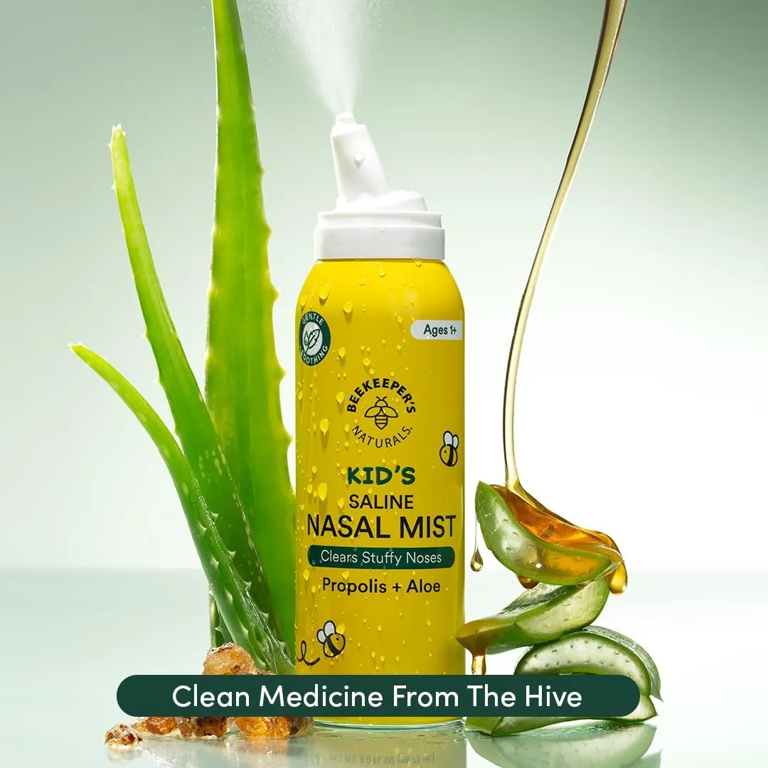Kids' Saline Nasal Mist by Beekeeper's Naturals, Clears Stuff Noses, Nasal Spray for Kids 1  w/ Saline, Aloe & Propolis, 3 fl oz