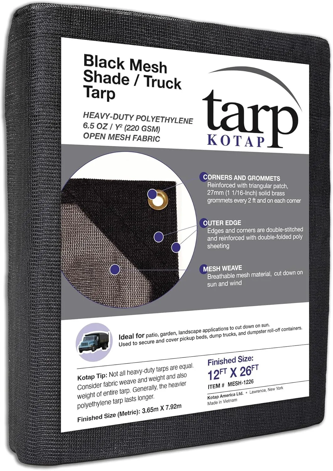 Kotap 12-ft x 26-ft Heavy-Duty 6.5 Oz Black Mesh Shade/Truck Tarp, Item: MESH-1226