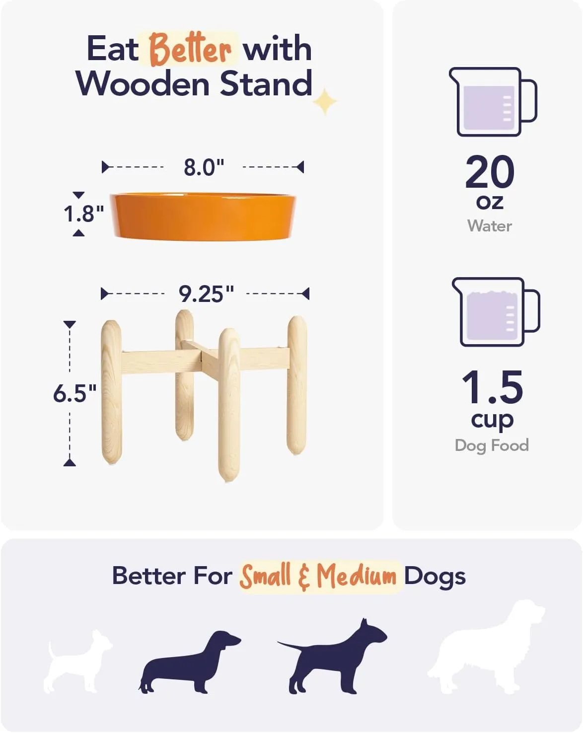 LE TAUCI Ceramic Slow Feeder Dog Bowls Elevated for Small and Medium Breed, Dog Bowls with Wooden Stand, 1.5 Cups Dog Dishes to Slow Down Eating, Anti-Gulping Pet Feeding Dishes, Sun Orange