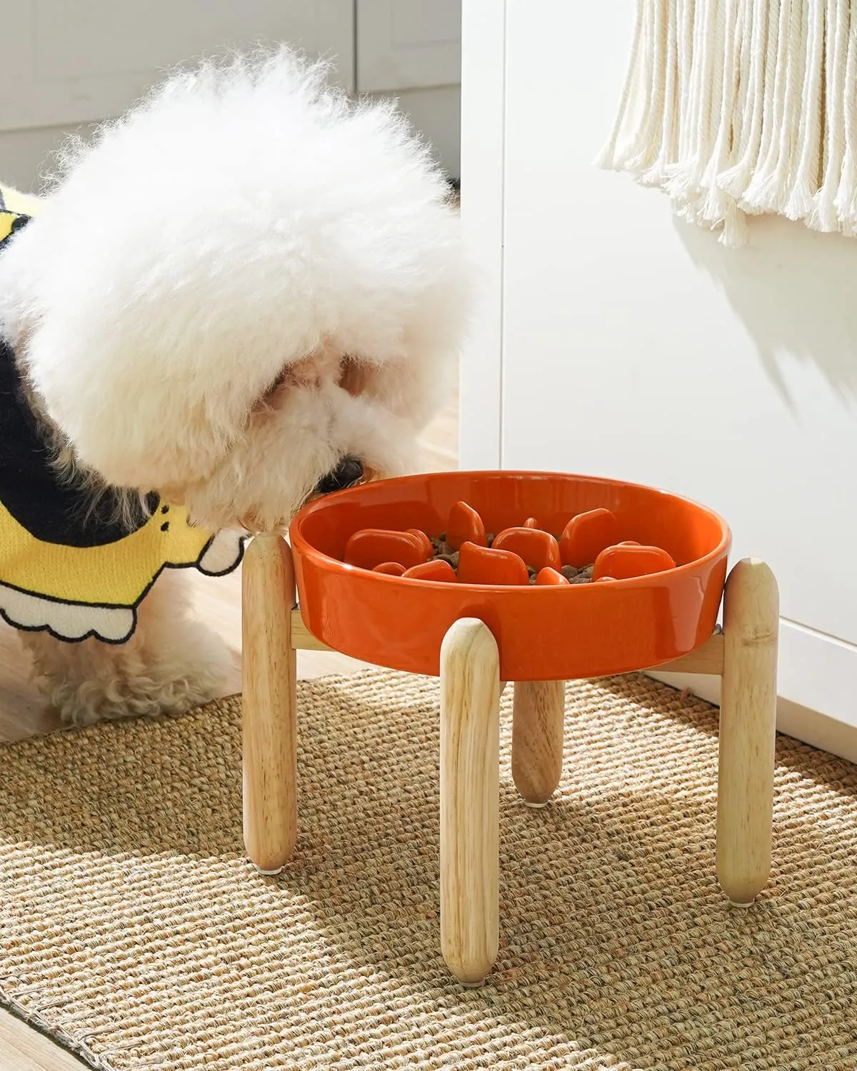 LE TAUCI Ceramic Slow Feeder Dog Bowls Elevated for Small and Medium Breed, Dog Bowls with Wooden Stand, 1.5 Cups Dog Dishes to Slow Down Eating, Anti-Gulping Pet Feeding Dishes, Sun Orange