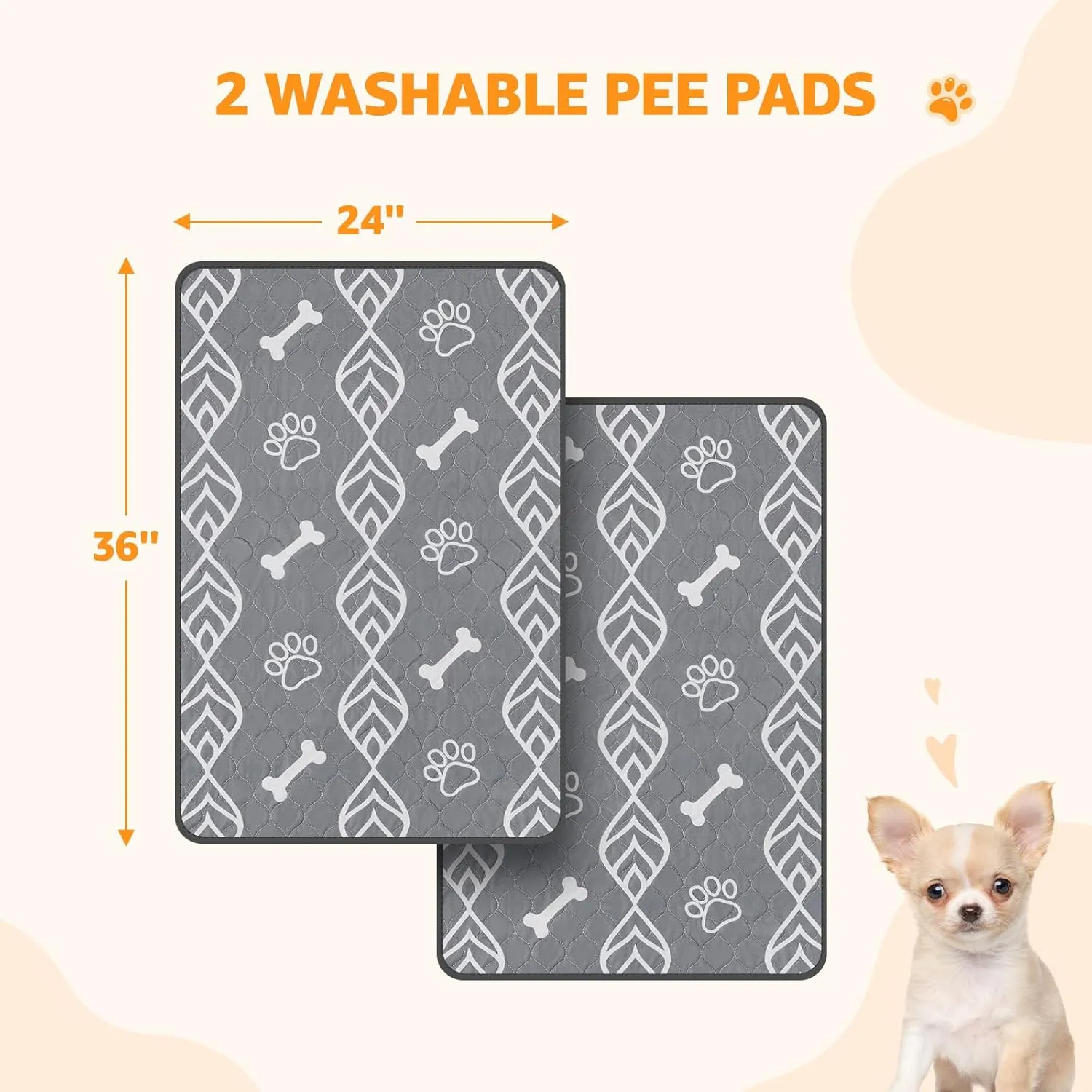 LOOBANI Washable Pee Pads for Dogs: 2-Pack Heavy Absorbency Reusable Puppy Pads, Waterproof and Non-Slip Dog Pee Pads Washable for Potty Training, Playpens, Crates, Floors, Beds, and Couches, 24x36 in