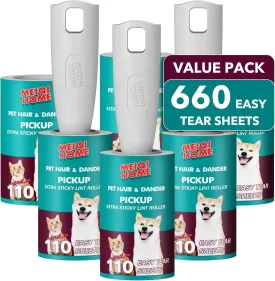 MEIQIHOME Lint Rollers for Pet Hair Extra Sticky, 660 Sheets Value Set Lint Roller with 3 Upgraded Handles, 6 Rollers Portable Pet Lint Remover for Clothes, Furniture, Carpet, Dog & Cat Hair Removal